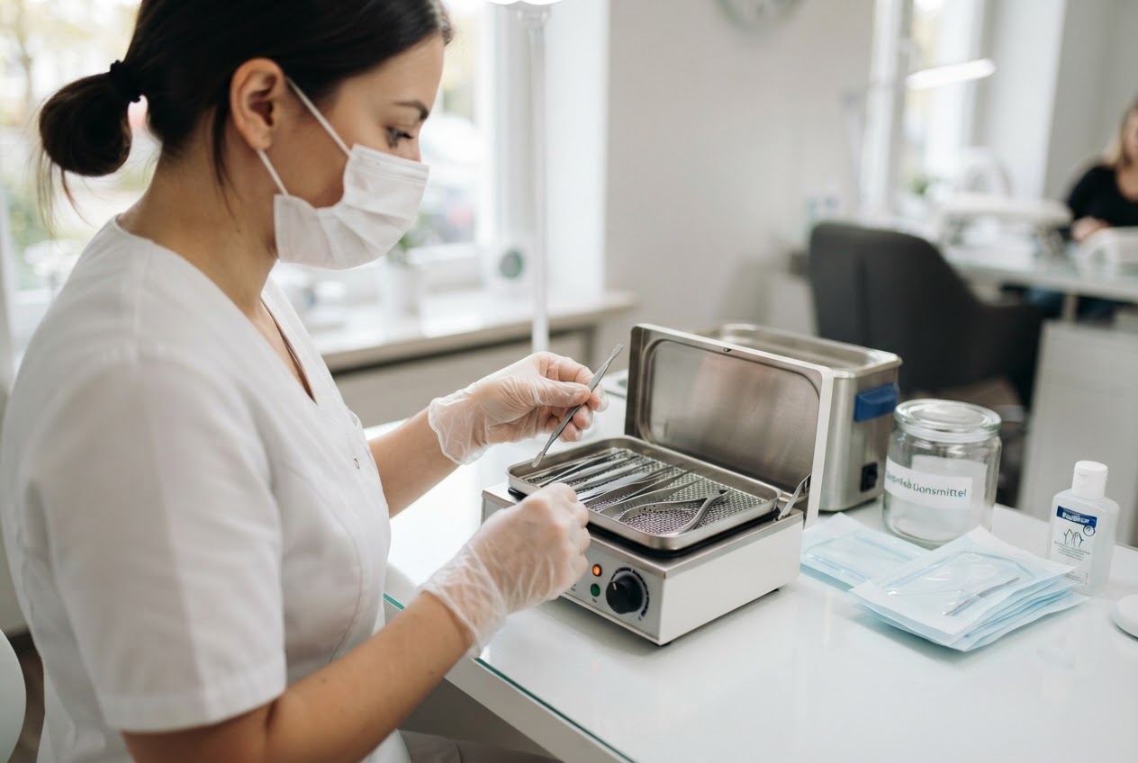 A nail technician wearing a medical mask and gloves, placing metal tools into a sterilizer on a clean, organized workbench.