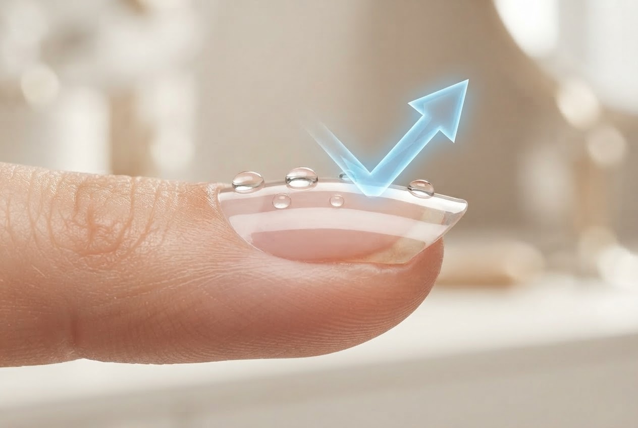 Illustration of a nail with a transparent shield layer on top, water droplets bouncing off, and a small hammer symbol indicating impact protection.