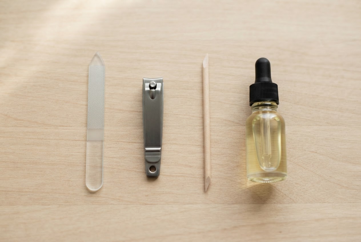 A flat lay of a glass nail file, a nail clipper, a wooden cuticle stick, and a small bottle of cuticle oil on a clean surface.