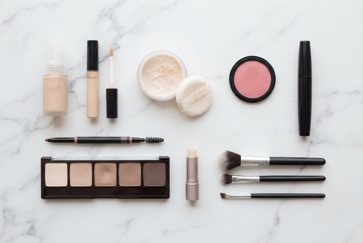 A flat lay of essential makeup products: foundation, concealer, powder, blush, mascara, brow pencil, lip balm, and brushes on a clean surface.