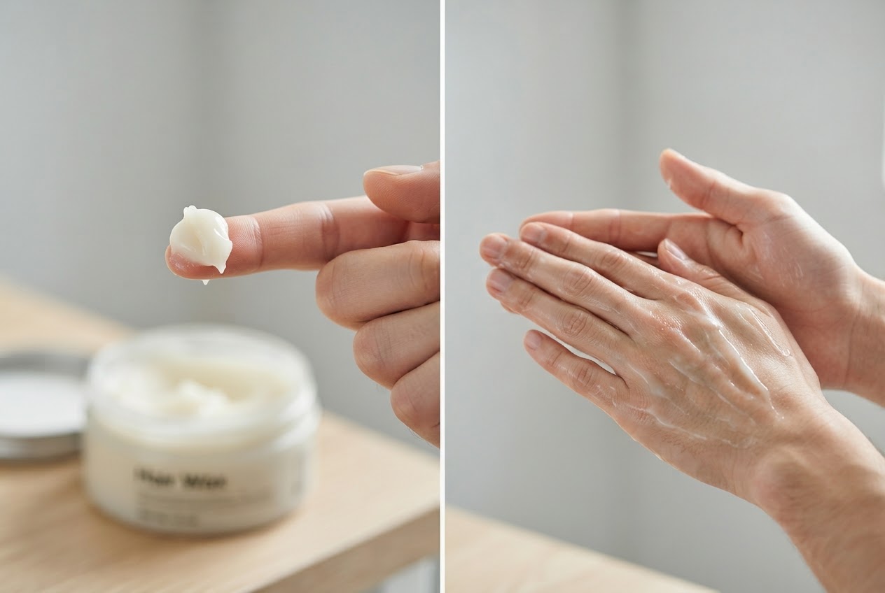 A close-up of hands showing a pea-sized amount of hair wax on a fingertip and another frame of the hands rubbing it between palms until it becomes transparent.