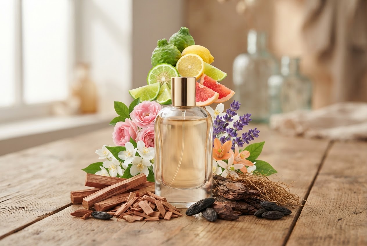 A perfume bottle surrounded by a pyramid of citrus fruits, flowers, and wood pieces.