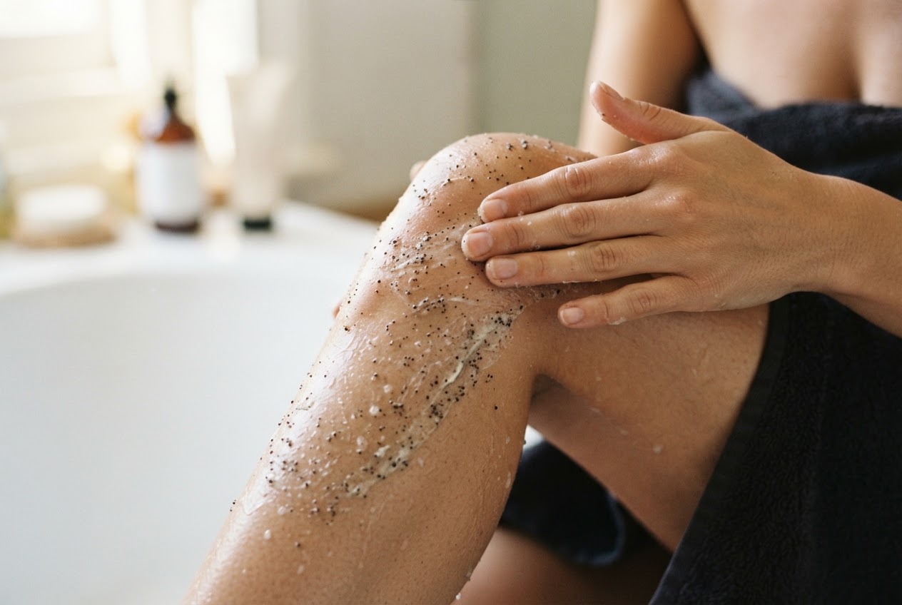 A hand applying an exfoliating scrub to a knee and shin, with fine scrub granules on the skin.
