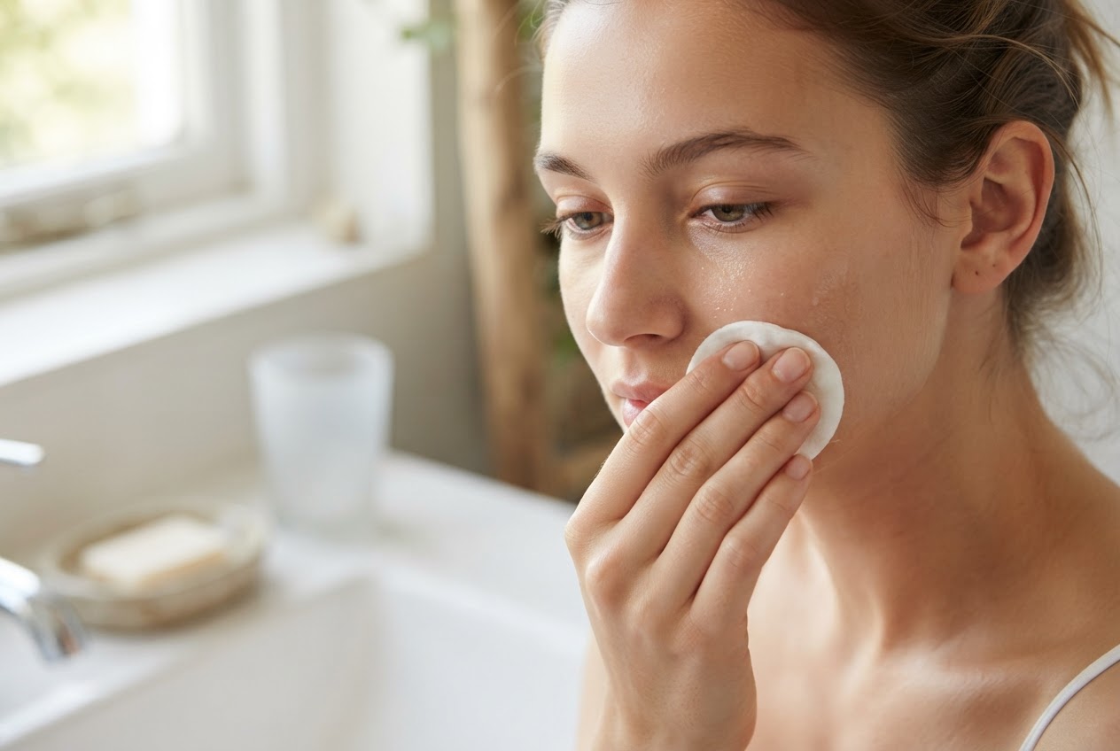 A person applying diluted apple cider vinegar to their face with a cotton pad, avoiding the eye area.