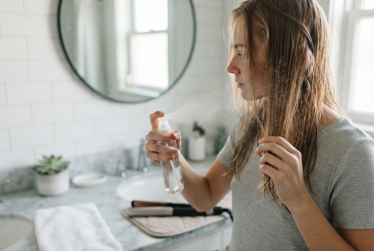 A person spraying a heat protectant mist onto their hair before styling.