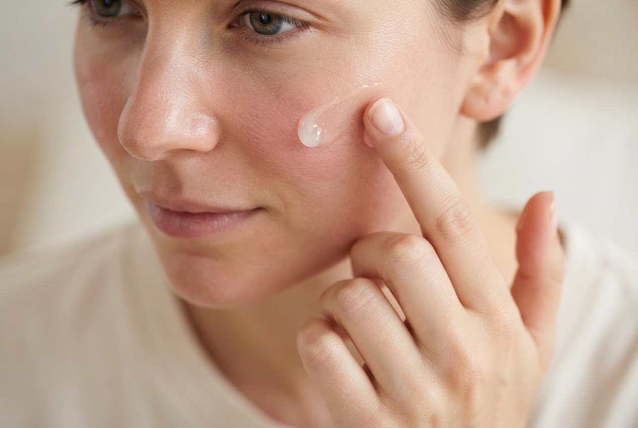 A person applying a small amount of a light, gel-like moisturizer to their cheek.