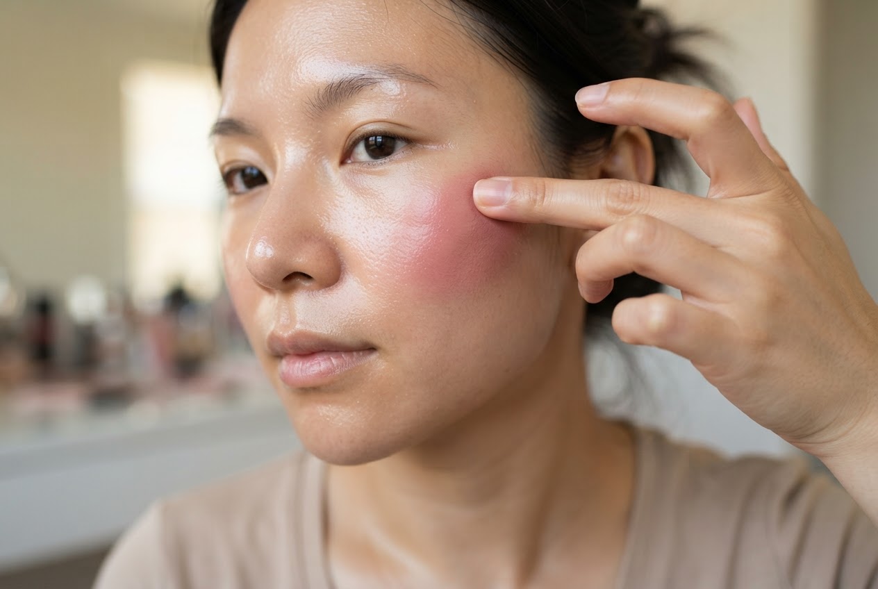 A person applying cream blush to their cheek with a fingertip.