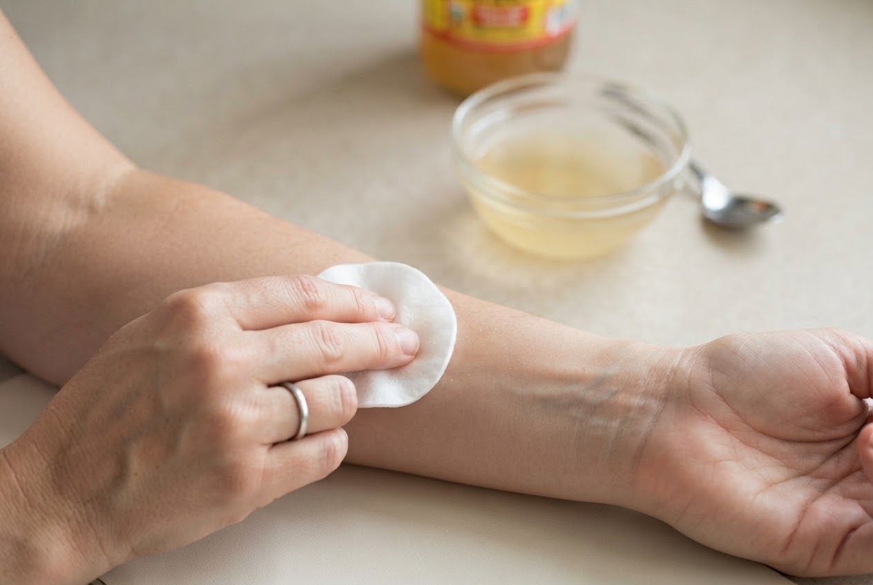 A person applying a drop of diluted vinegar to the inner arm with a cotton pad for a patch test.