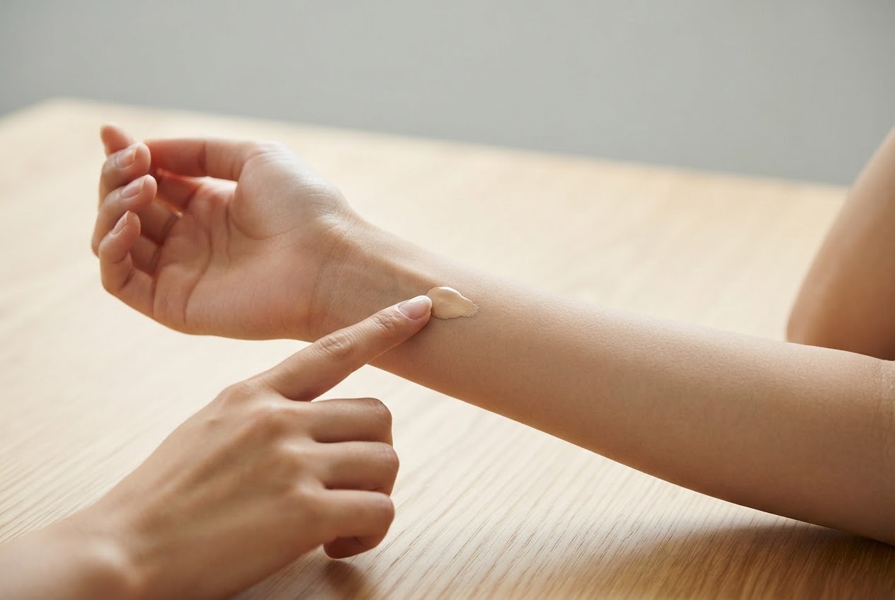 A person applying a small amount of foundation to the inside of their forearm and waiting.