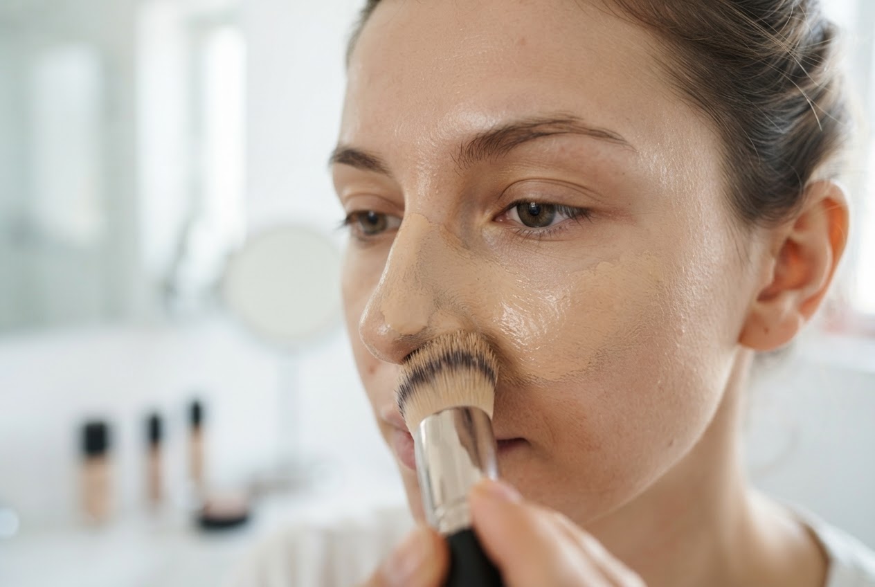 A person applying foundation with a brush, starting at the nose and blending toward the cheeks.