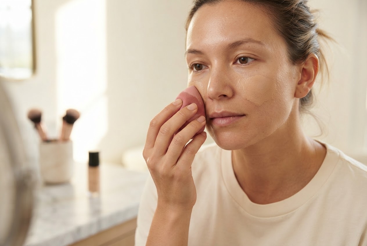 A person applying foundation with a damp beauty sponge on their cheek, using a dabbing motion.