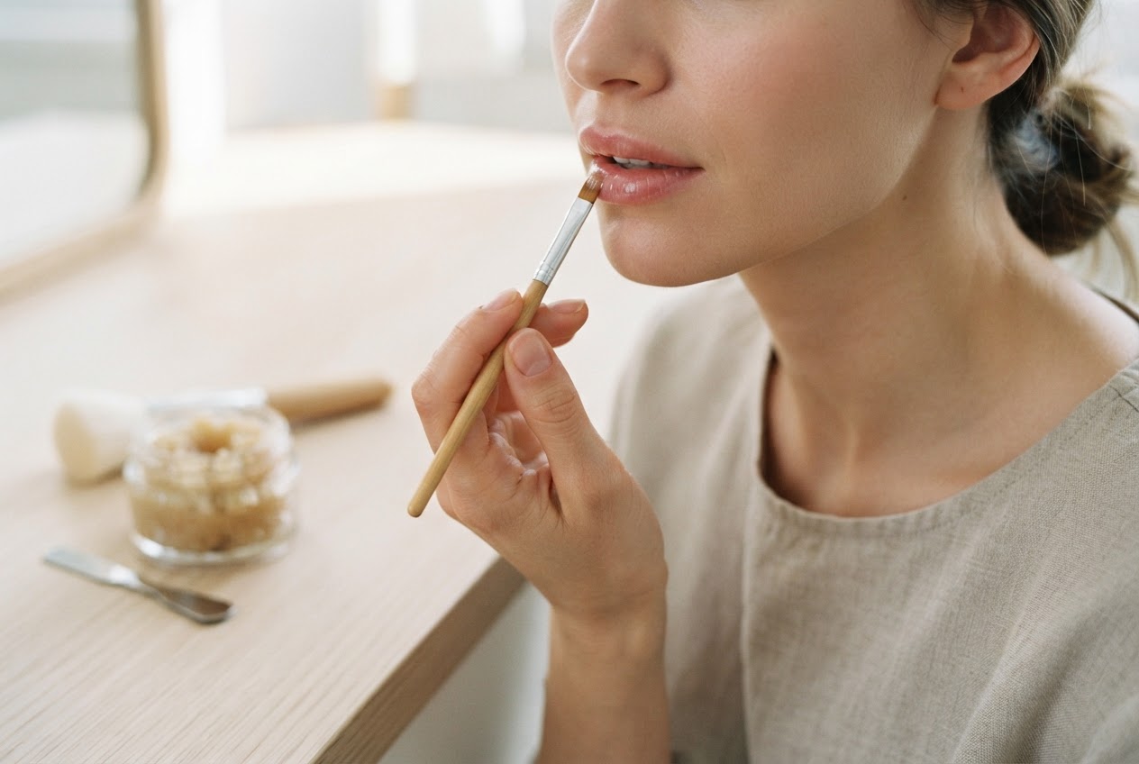 A hand applying lip balm to lips with a small brush, with a sugar scrub nearby.