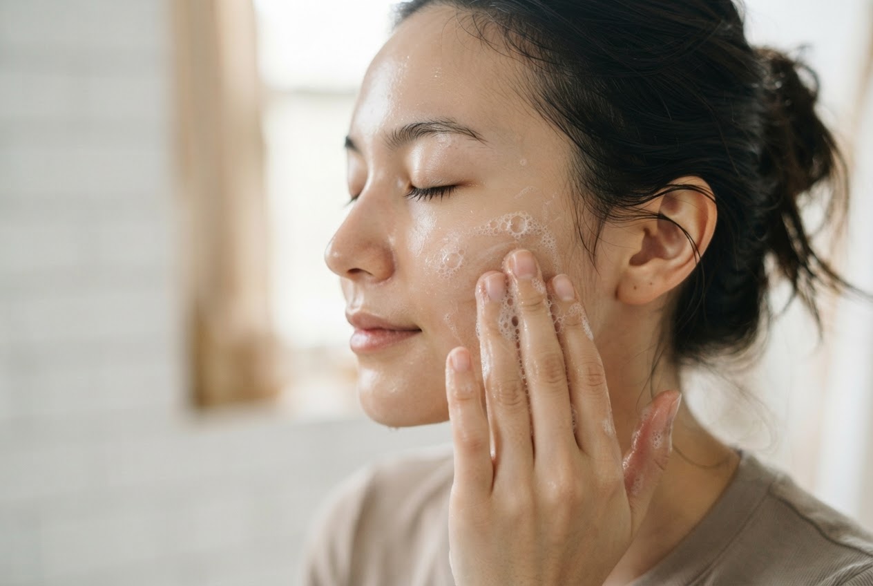 A realistic photo of a person applying a small amount of cleanser to their damp face with fingertips, using gentle circular motions.