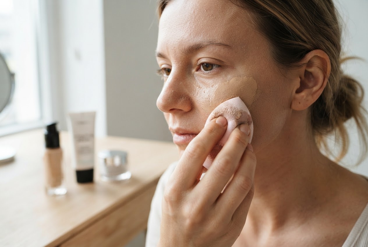 A person applying liquid foundation with a damp makeup sponge on their cheek, with a moisturizer and primer nearby.