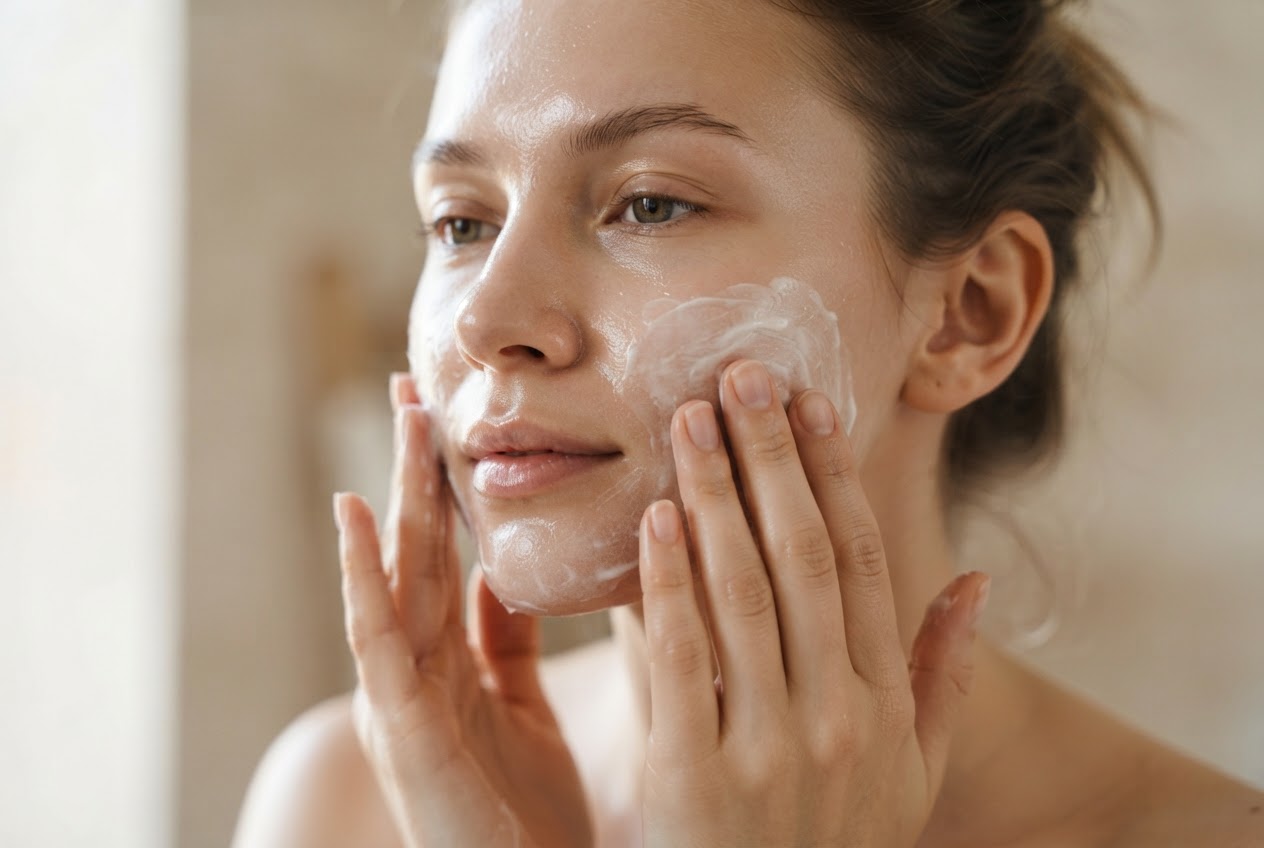 A person gently applying moisturizer to their face with clean hands, emphasizing hydrated skin.