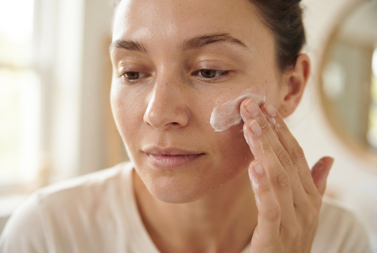 A person pressing moisturizer into their cheek with fingertips.