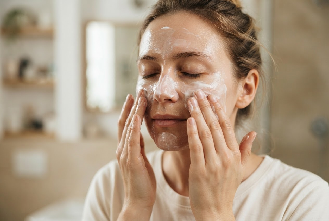 A person applying moisturizer to their face before makeup, with fingertips spreading cream.