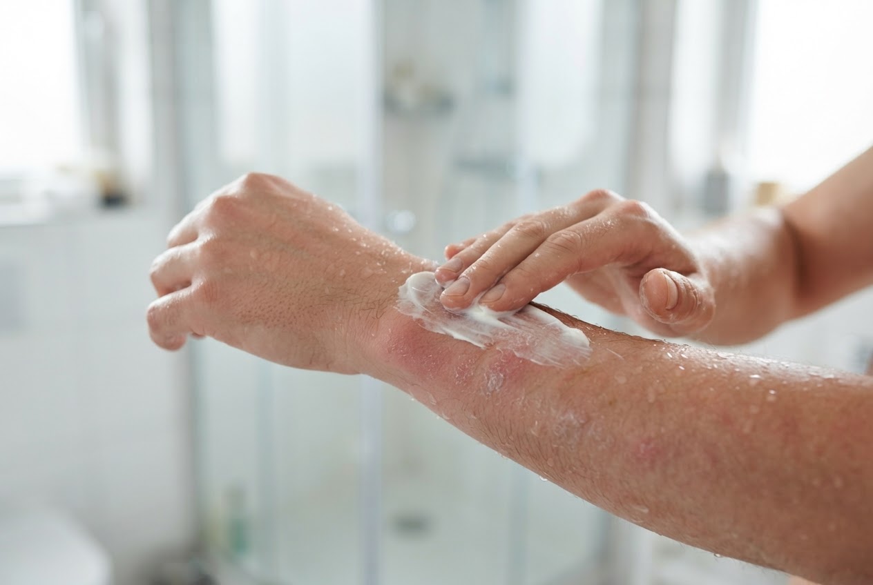 Hand applying cream to damp skin after a shower.