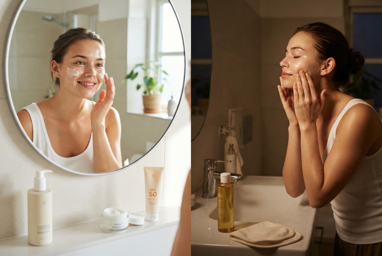A person applying moisturizer to their face in the morning, with a sunscreen bottle nearby, and a separate evening scene with cleansing oil.
