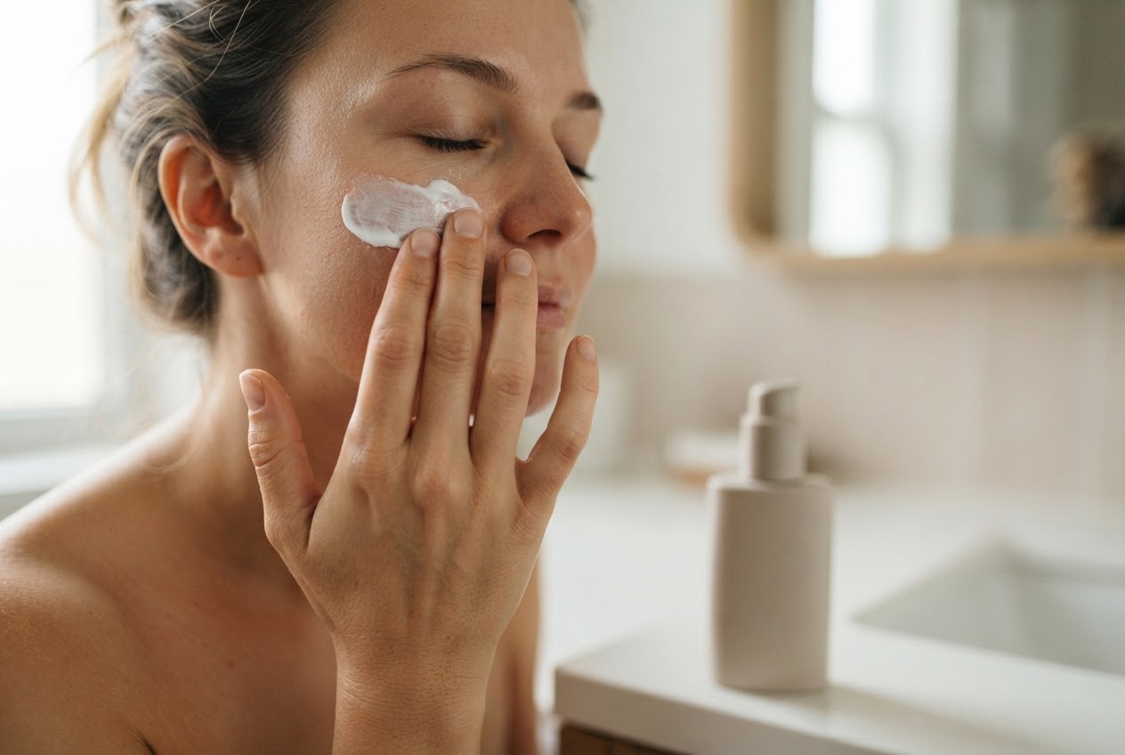 A hand applying sunscreen to a face, with a sunscreen bottle in the foreground and sunlight in the background.