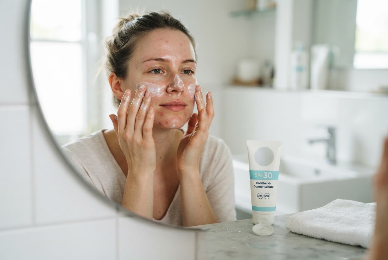A person applying sunscreen to their face with both hands, with a tube of sunscreen on a table nearby.