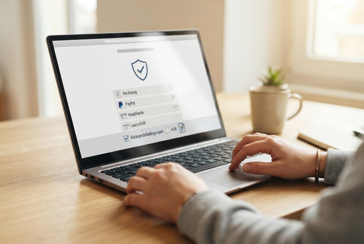 Laptop screen with checkout page showing payment options and a shield icon.