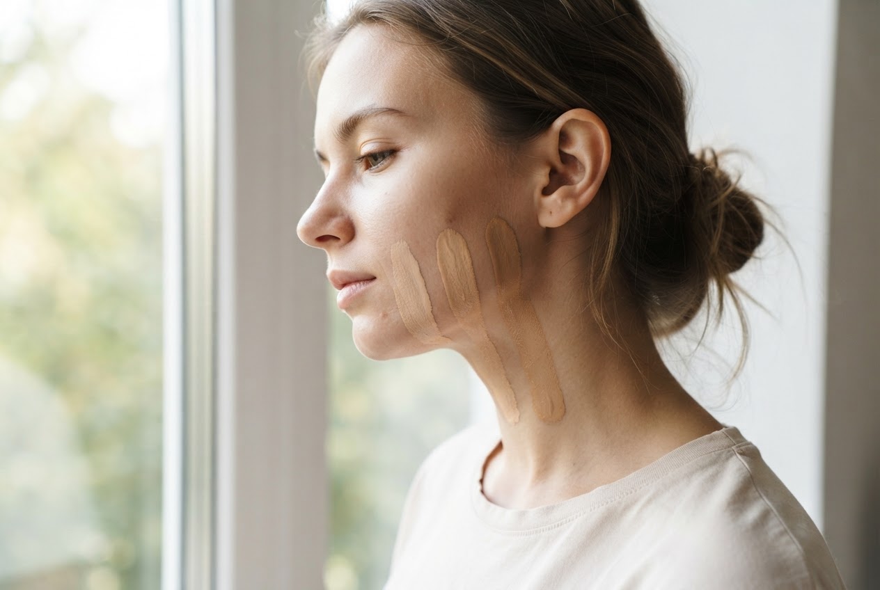 A person standing near a window, with three thin foundation stripes on the jawline, observing in natural light.