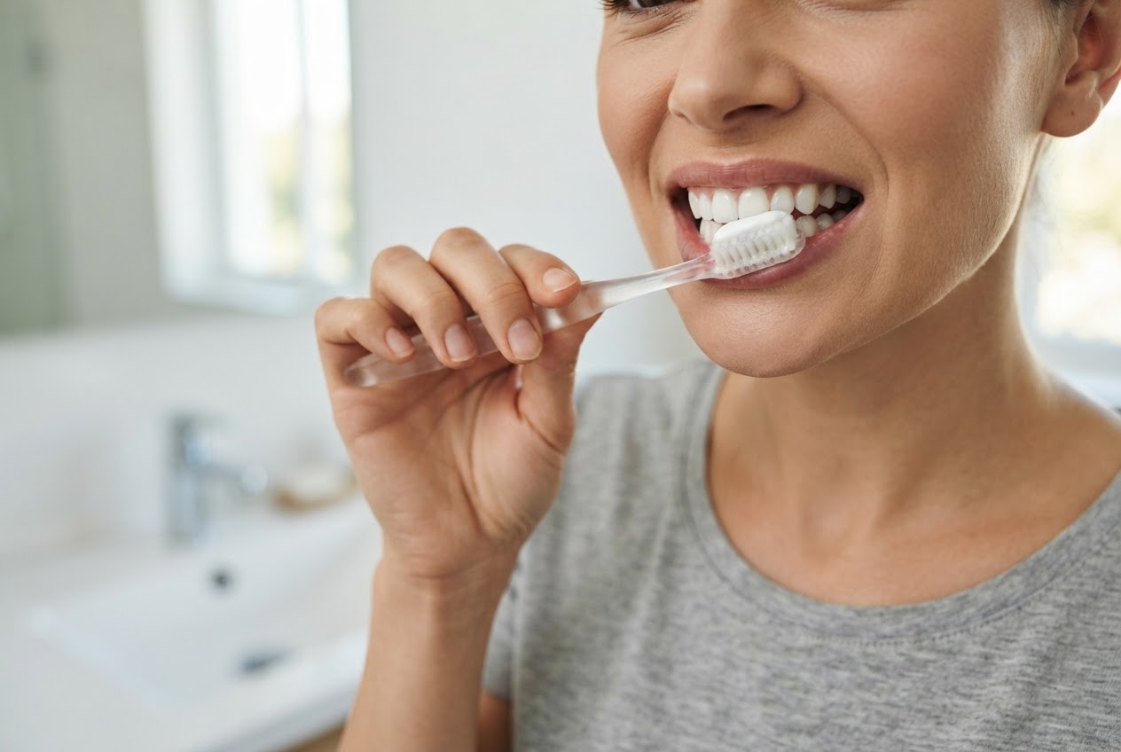 Person brushing their teeth with a soft toothbrush and toothpaste.