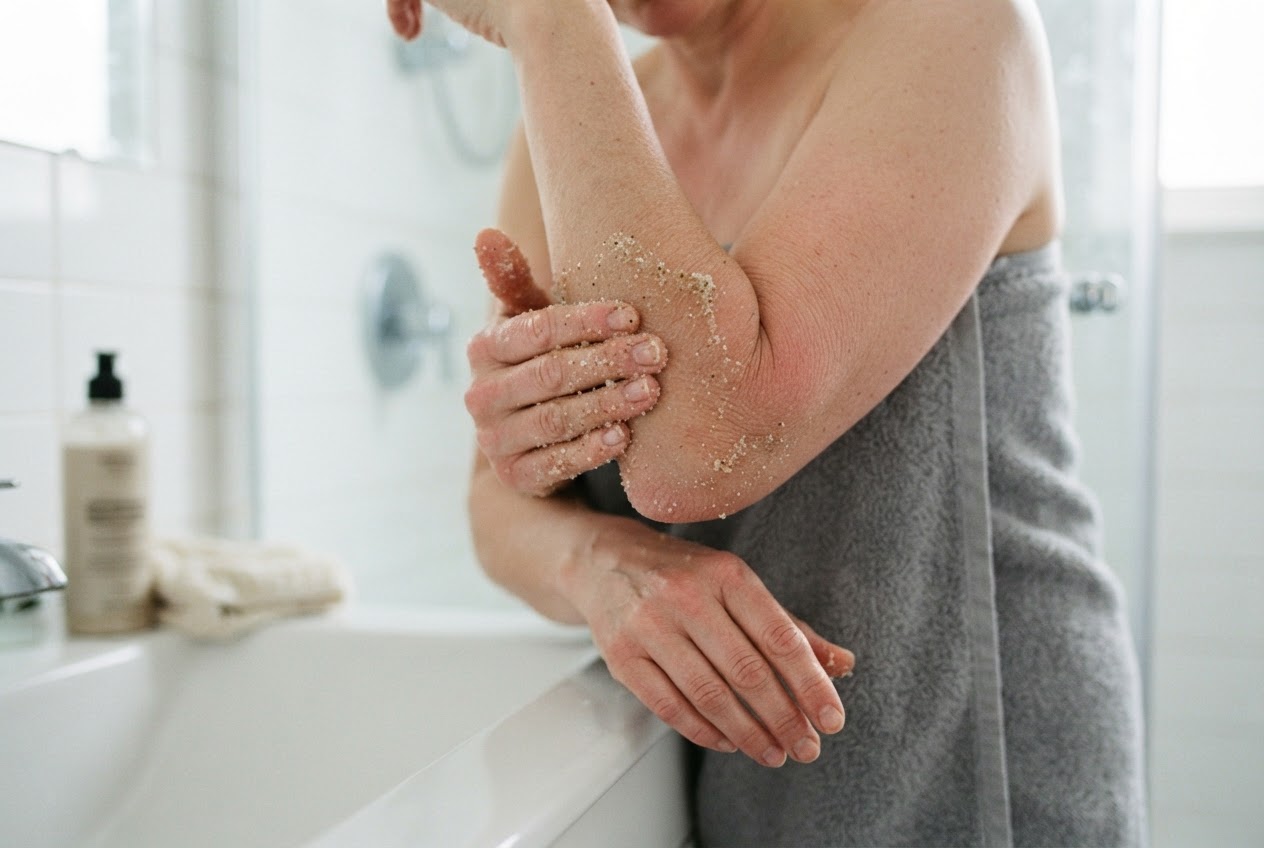 A person using a body scrub on their elbow in the shower or bathroom.