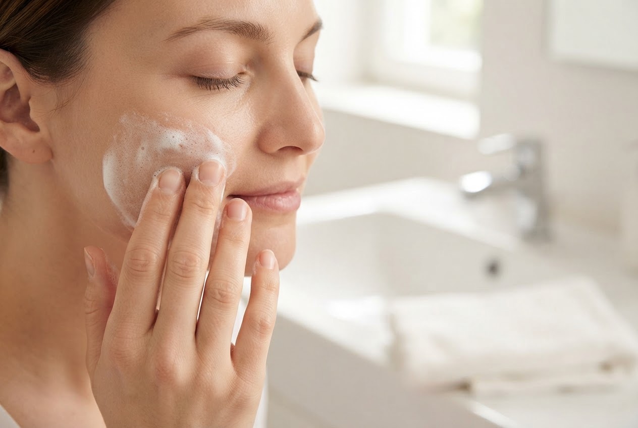 A person gently massaging a cream cleanser onto their face with fingertips, foam visible, in a bright bathroom.
