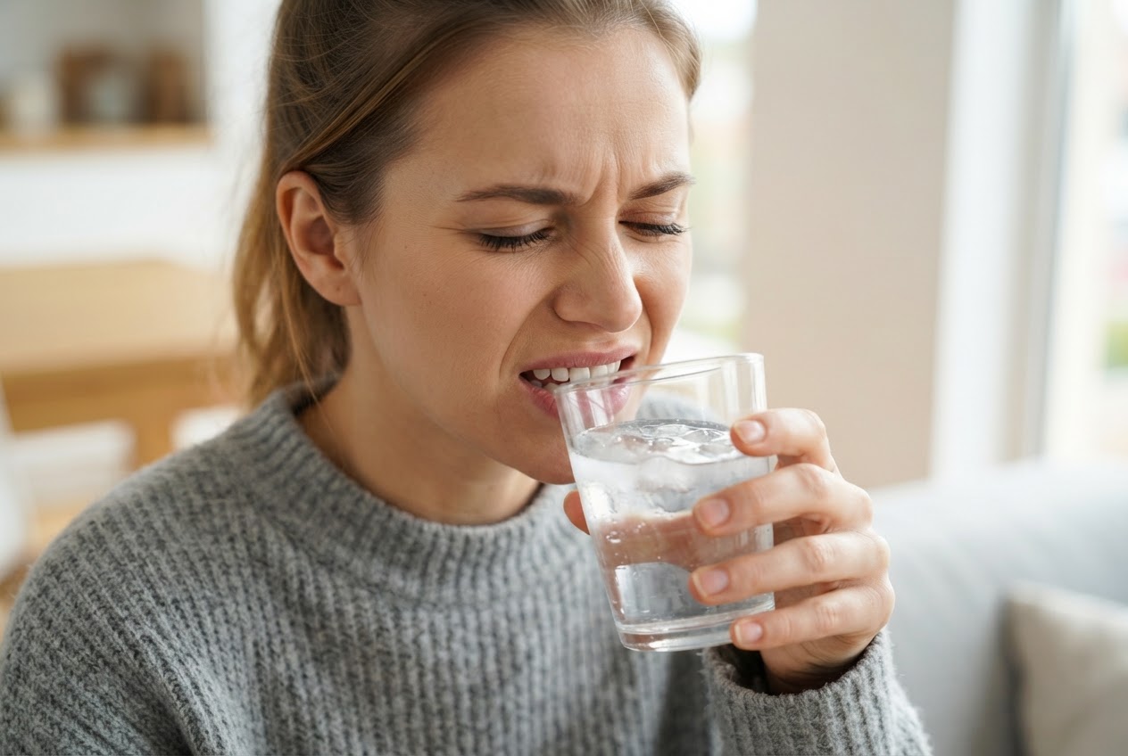 Person wincing while holding a glass of cold water near their mouth.