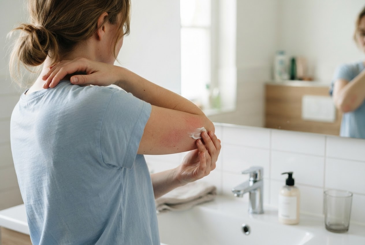 Person applying lotion to elbow during morning skincare routine.