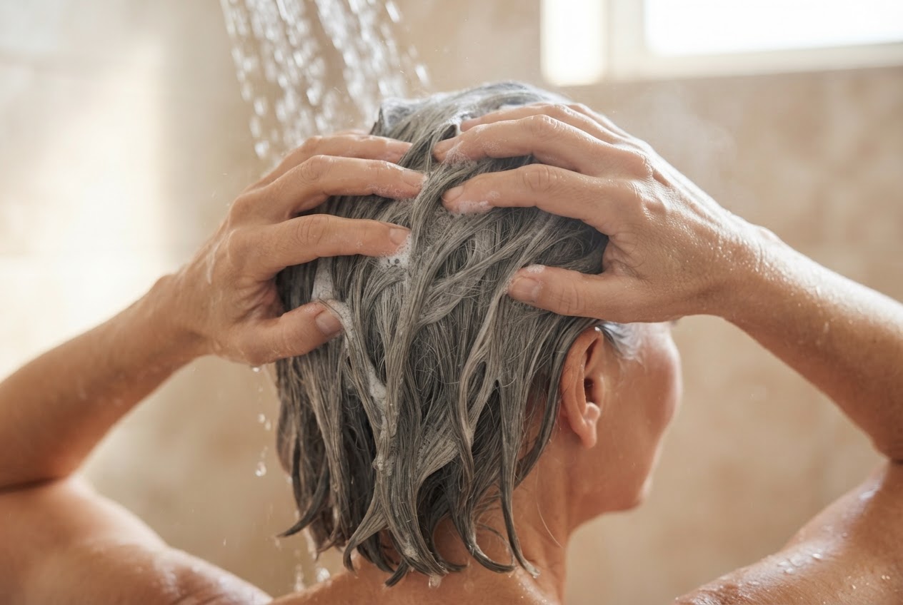 Hands massaging a small amount of mild shampoo into the scalp of wet gray hair, with a soft lather.