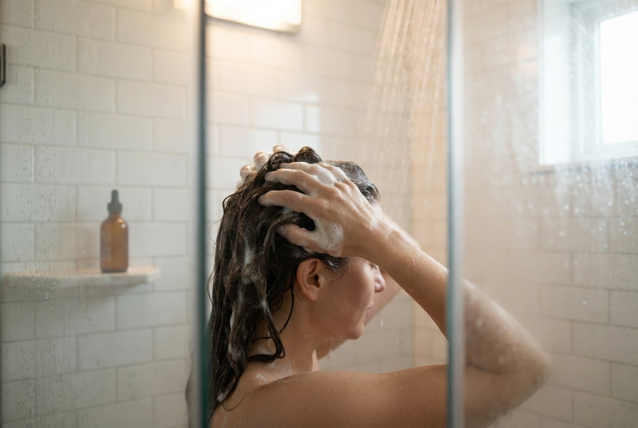 A person in a shower with wet hair, applying shampoo with hands, while a small bottle of solution sits on the shower shelf.