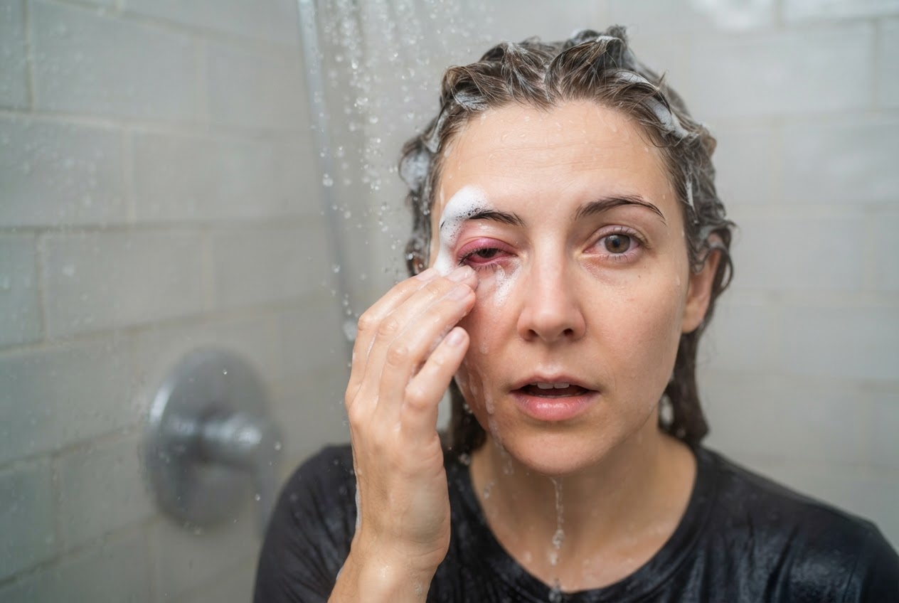 A person in a shower with water running and shampoo foam near their eye, looking surprised.