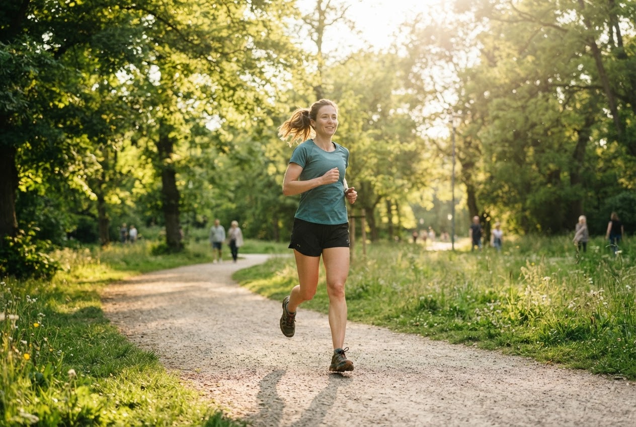 A person jogging in a park, wearing athletic clothes, looking relaxed.
