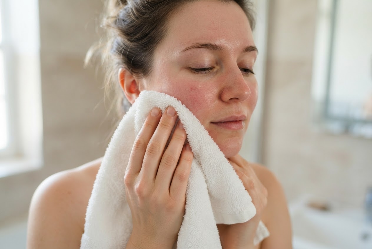 A person gently patting their face dry with a soft white towel after cleansing.