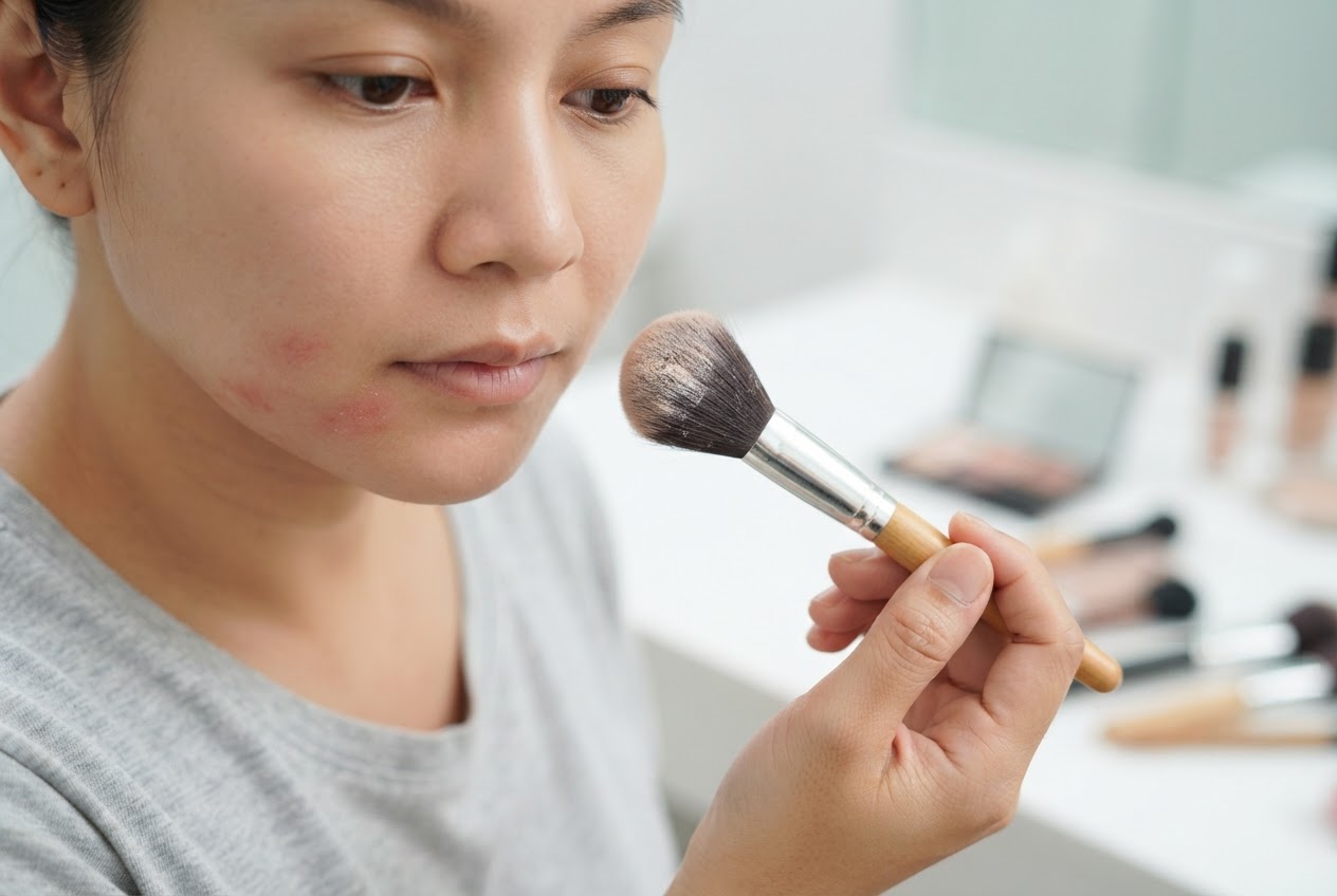 Eine Person hält einen Make-up-Pinsel von einer kleinen geröteten Hautstelle fern und unterbricht das Auftragen.