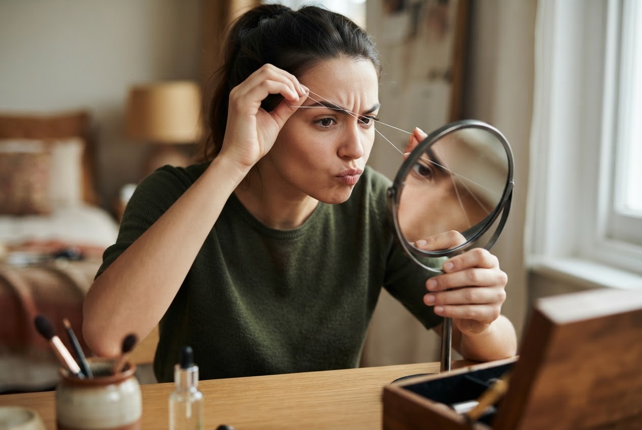 A woman sitting at a table, using a hand mirror and practicing the threading motion on her own eyebrow.