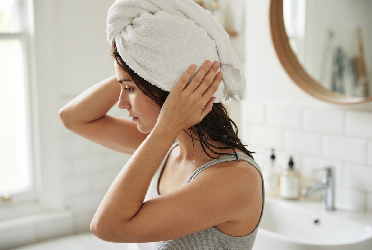 A person gently pressing a towel on wet brown hair, not rubbing.