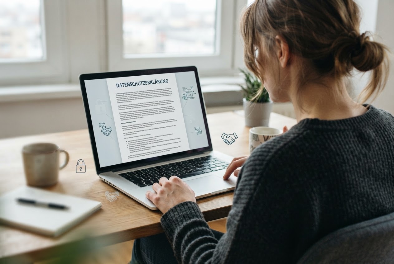 Person reading a privacy policy on a laptop, with a lock and handshake icon.