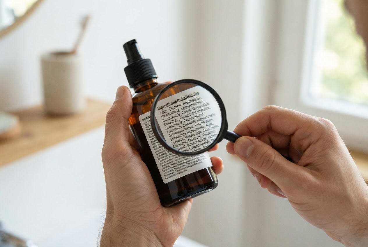 A person reading the ingredient list on the back of a skincare product, with a magnifying glass highlighting the first few ingredients.