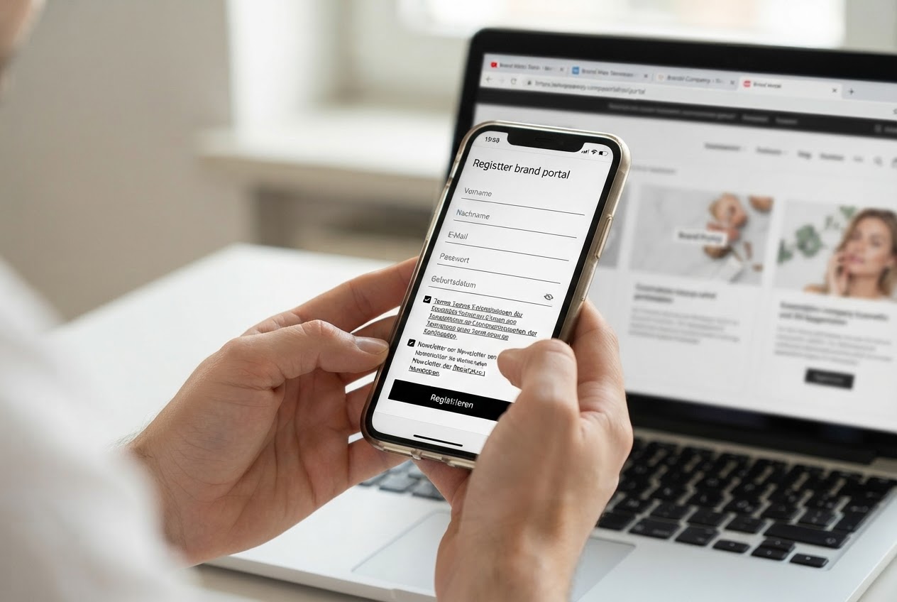 Hands holding a smartphone with a registration form, laptop with multiple tabs in background.