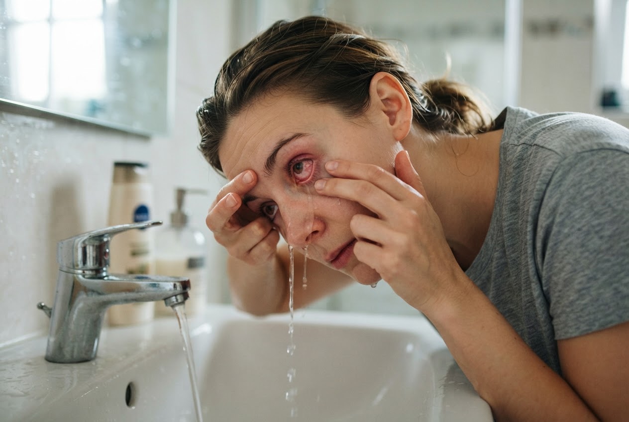A person leaning over a sink with head tilted to the side, water flowing from a faucet into the eye, hand holding the eyelid open.