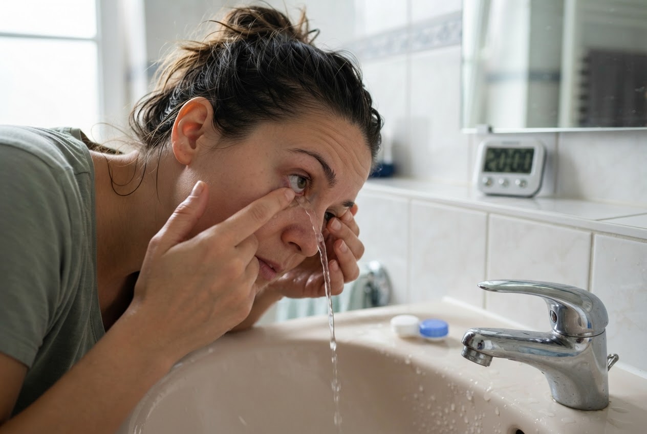 A person with a timer showing 20 minutes while rinsing their eye under a faucet, with a contact lens case nearby.
