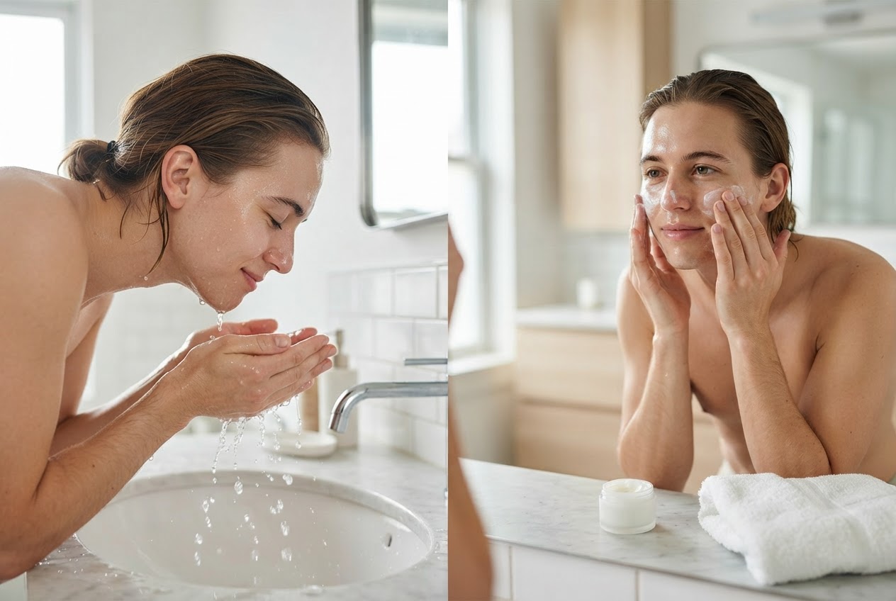 A realistic photo of a person rinsing their face with lukewarm water, then gently patting dry with a soft towel and applying moisturizer.