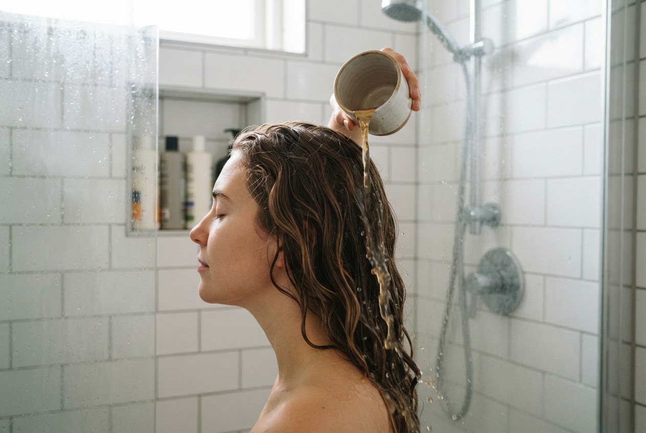 A person in the shower pouring a diluted apple cider vinegar solution over their hair from a cup.