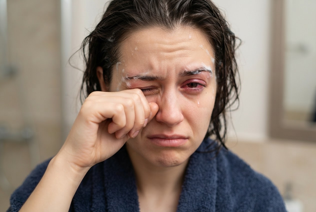 A person rubbing their eye with a hand, with a red eye and a frown.