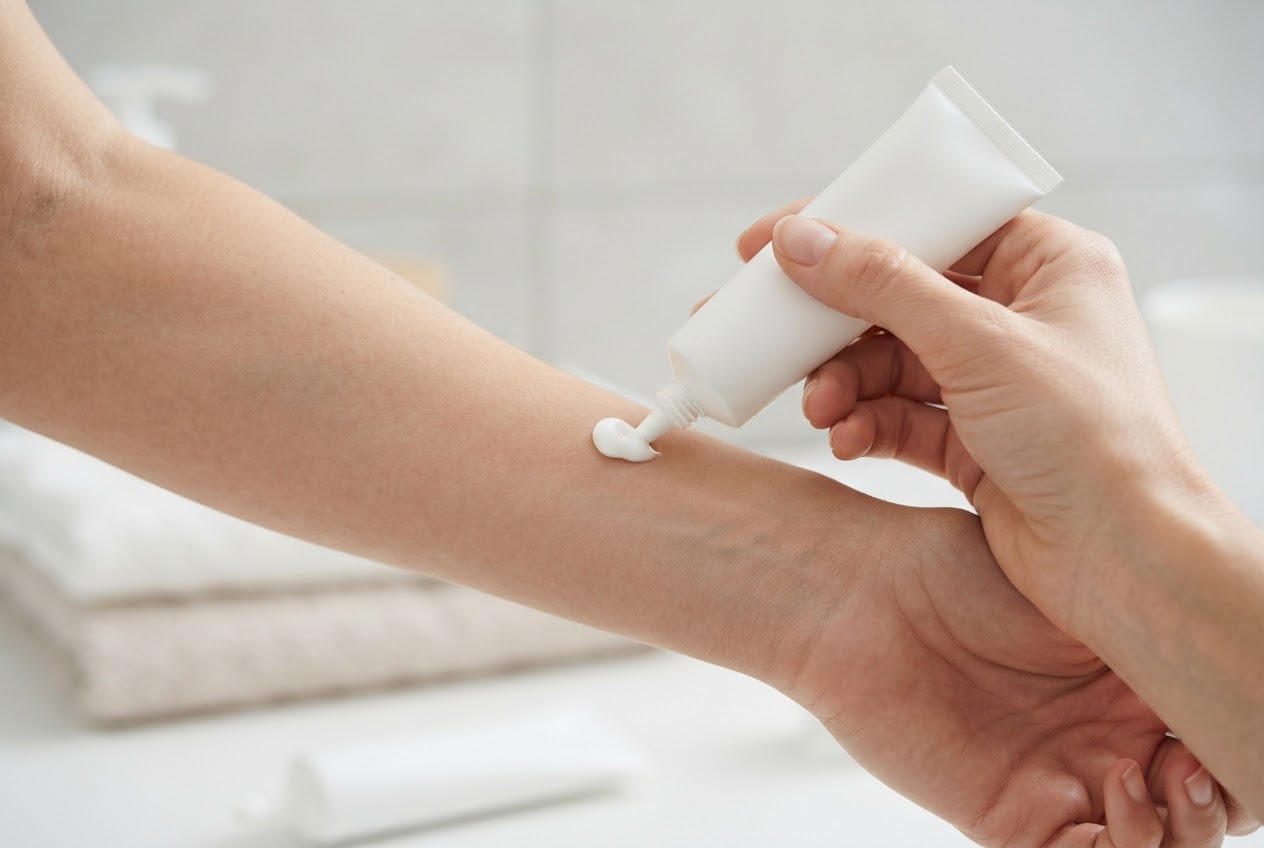 A person applying a small dab of cream from an unbranded tube onto the inside of their forearm, with a watch or clothing context.