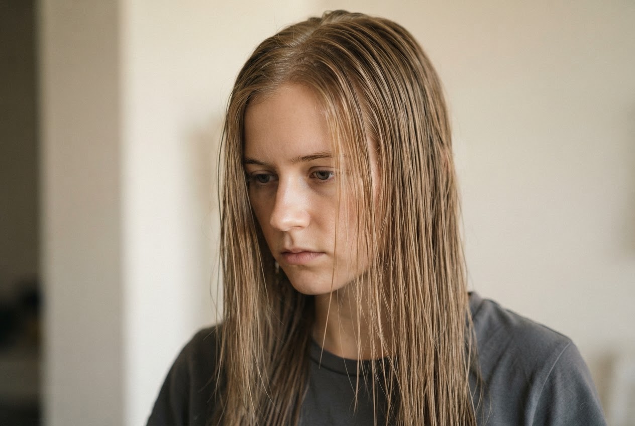 A side view of a person with fine, straight hair that looks limp, oily, and stuck together after using coconut oil.